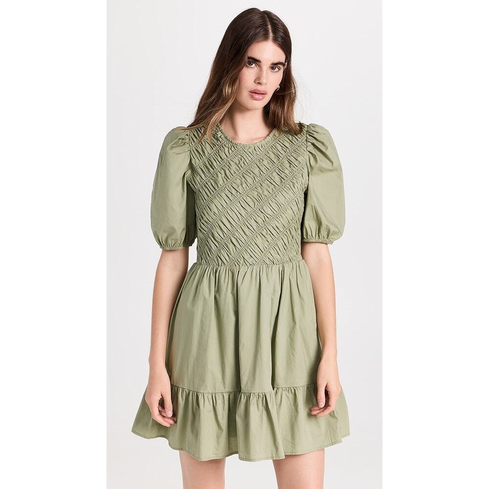 New English Factory Asymmetrical Smocked Mini Dress in Sage Size S